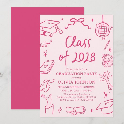 Modern Hand Drawn Class of 2028 Graduation Party Kaart (Voorkant / Achterkant)