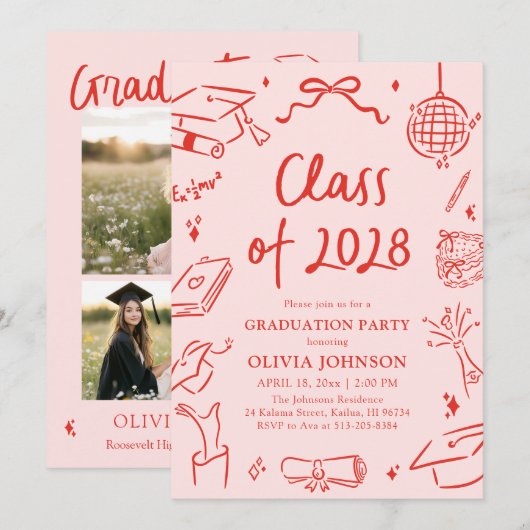 Modern Hand Drawn Class of 2028 Graduation Party Kaart (Voorkant / Achterkant)