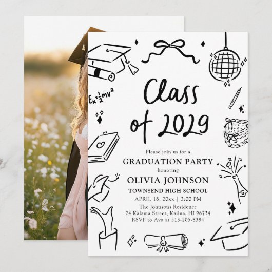 Modern Hand Drawn Class of 2029 Graduation Party Kaart (Voorkant / Achterkant)