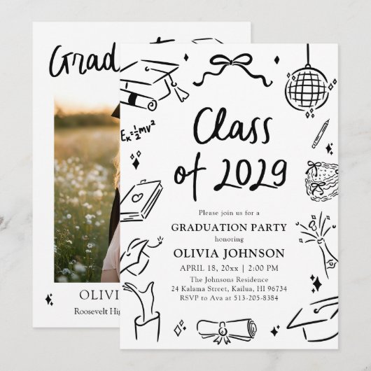 Modern Hand Drawn Class of 2029 Graduation Party Kaart (Voorkant / Achterkant)