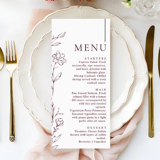 Modern Hand Drawn Floral Burgundy Wedding Dinner Menu