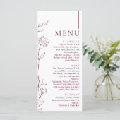 Modern Hand Drawn Floral Burgundy Wedding Dinner Menu (Staand voorkant)