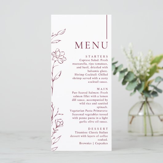 Modern Hand Drawn Floral Burgundy Wedding Dinner Menu (Staand voorkant)