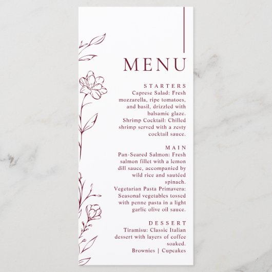 Modern Hand Drawn Floral Burgundy Wedding Dinner Menu (Voorkant)