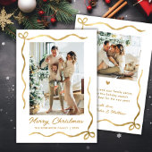 Modern Hand Drawn Gold Bow 2 Photo Merry Christmas Feestdagenkaart