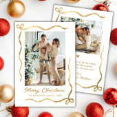 Modern Hand Drawn Gold Bow 2 Photo Merry Christmas Feestdagenkaart
