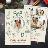 Modern Hand-Drawn Green Bows Photo Christmas Happy Feestdagenkaart