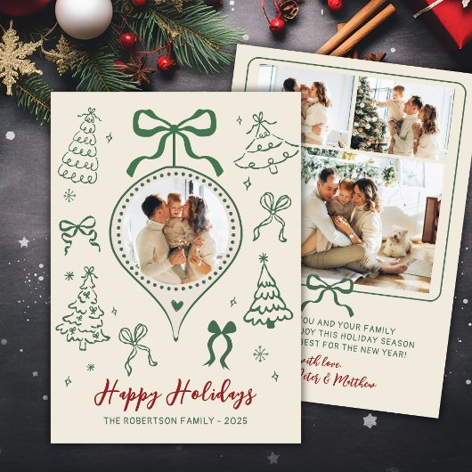 Modern Hand-Drawn Green Bows Photo Christmas Happy Feestdagenkaart