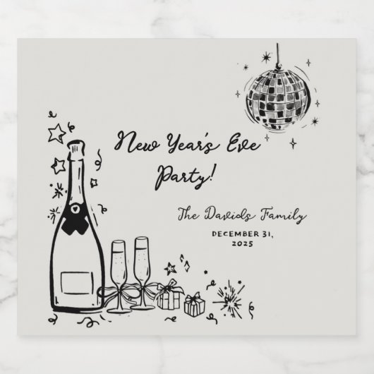 Modern Hand Drawn New Year's Eve Party Sparkling Wijnetiket (Enkel label)