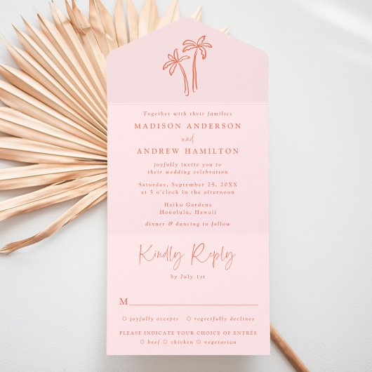 Modern Hand-Drawn Palm Trees Pink Wedding All In One Uitnodiging