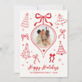Modern Hand-Drawn Red Bows Photo Christmas Happy Feestdagenkaart (Voorkant)