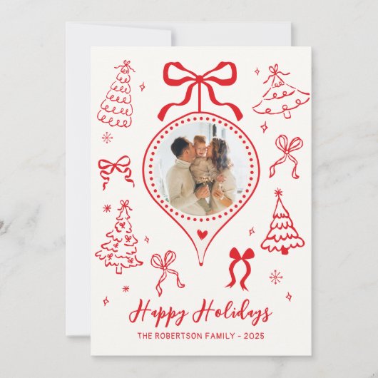 Modern Hand-Drawn Red Bows Photo Christmas Happy Feestdagenkaart (Voorkant)
