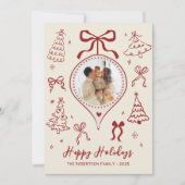 Modern Hand-Drawn Red Bows Photo Christmas Happy Feestdagenkaart (Voorkant)