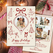 Modern Hand-Drawn Red Bows Photo Christmas Happy Feestdagenkaart