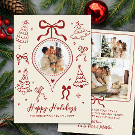 Modern Hand-Drawn Red Bows Photo Christmas Happy  Feestdagenkaart