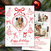 Modern Hand-Drawn Red Bows Photo Christmas Happy Feestdagenkaart