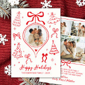 Modern Hand-Drawn Red Bows Photo Christmas Happy Feestdagenkaart