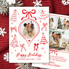 Modern Hand-Drawn Red Bows Photo Christmas Happy Feestdagenkaart