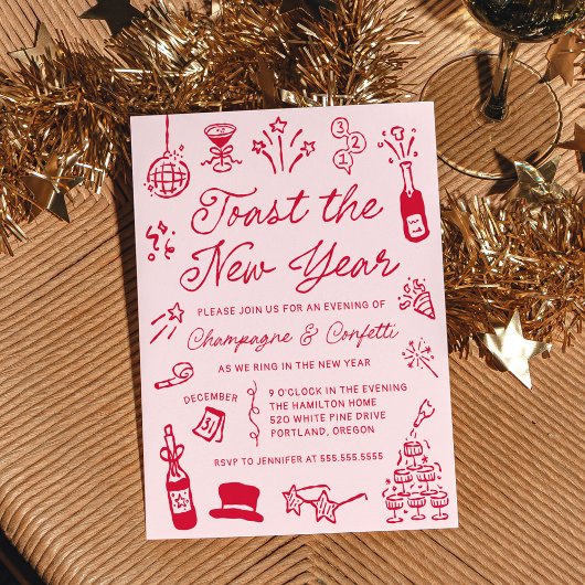 Modern Hand Drawn Red Doodle New Year’s Eve Party Kaart