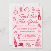 Modern Hand Drawn Red Doodle New Year’s Eve Party Kaart (Voorkant)
