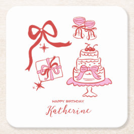 Modern Hand Drawn Red Pink Birthday Doodles Party Kartonnen Onderzetters