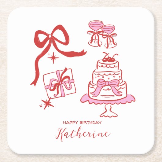Modern Hand Drawn Red Pink Birthday Doodles Party Kartonnen Onderzetters (Voorkant)
