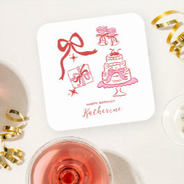 Modern Hand Drawn Red Pink Birthday Doodles Party Kartonnen Onderzetters