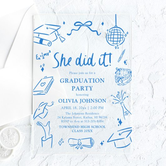 Modern Hand Drawn She did it Blue Graduation Party Acryl Uitnodigingen