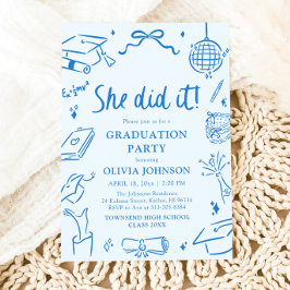Modern Hand Drawn She did it Blue Graduation Party Kaart