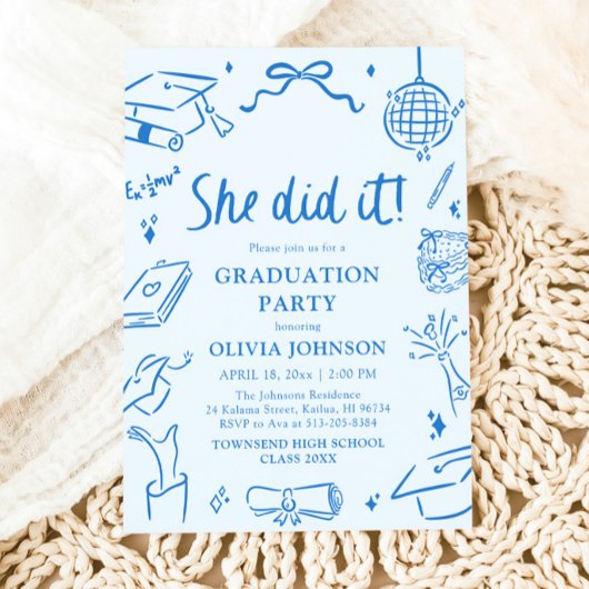 Modern Hand Drawn She did it Blue Graduation Party Kaart