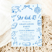 Modern Hand Drawn She did it Blue Graduation Party Kaart