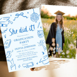 Modern Hand Drawn She did it Blue Graduation Party Kaart