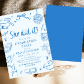 Modern Hand Drawn She did it Blue Graduation Party Kaart