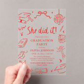 Modern Hand Drawn She did it Graduation Party Acryl Uitnodigingen (Insitu (Draagbaar))