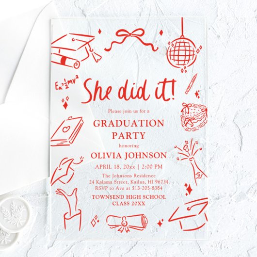 Modern Hand Drawn She did it Graduation Party Acryl Uitnodigingen