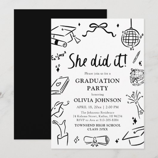Modern Hand Drawn She did it Graduation Party Kaart (Voorkant / Achterkant)
