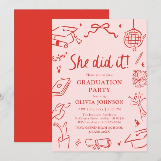 Modern Hand Drawn She did it Graduation Party Kaart (Voorkant / Achterkant)