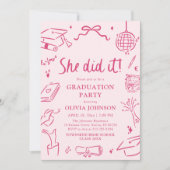Modern Hand Drawn She did it Pink Graduation Party Kaart (Voorkant)