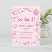 Modern Hand Drawn She did it Pink Graduation Party Kaart (Staand voorkant)