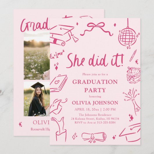 Modern Hand Drawn She did it Pink Graduation Party Kaart (Voorkant / Achterkant)