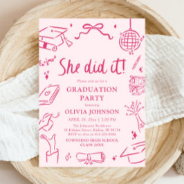 Modern Hand Drawn She did it Pink Graduation Party Kaart