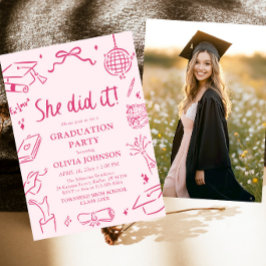 Modern Hand Drawn She did it Pink Graduation Party Kaart