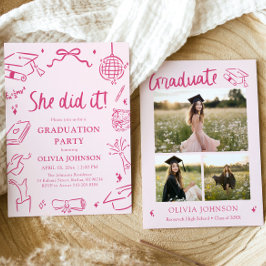 Modern Hand Drawn She did it Pink Graduation Party Kaart
