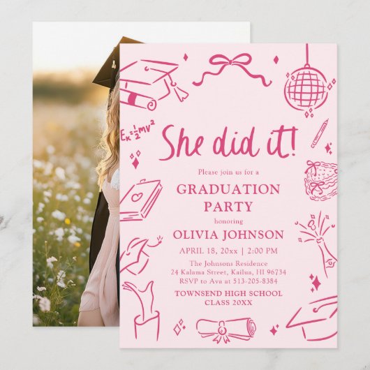 Modern Hand Drawn She did it Pink Graduation Party Kaart (Voorkant / Achterkant)