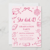 Modern Hand Drawn She did it Pink Graduation Party Kaart (Voorkant)