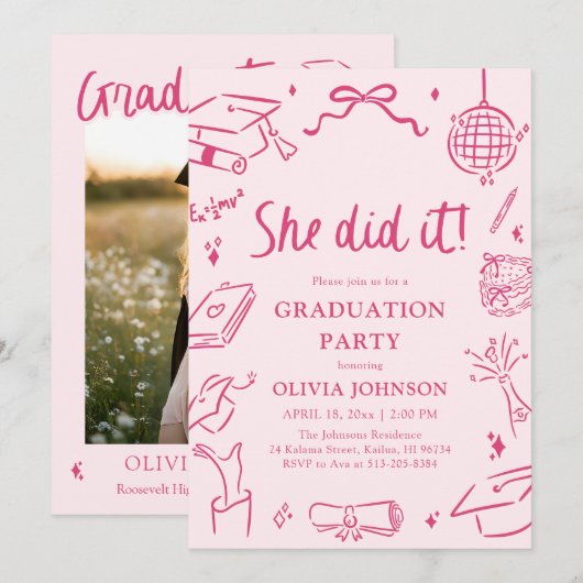 Modern Hand Drawn She did it Pink Graduation Party Kaart (Voorkant / Achterkant)