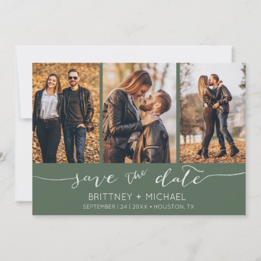Modern Hand Lettered Photo Collage Dark Sage Save The Date (Voorkant)