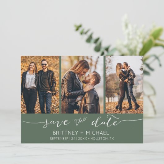 Modern Hand Lettered Photo Collage Dark Sage Save The Date (Staand voorkant)