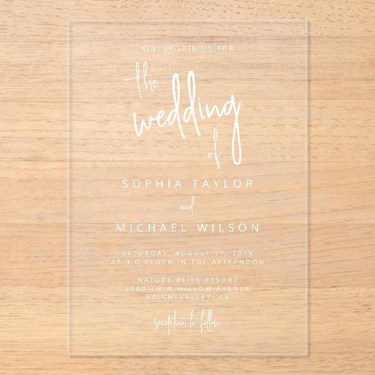 Modern Hand Lettering Script Zwart Wit Bruiloft Acryl Uitnodigingen (Voorkant)