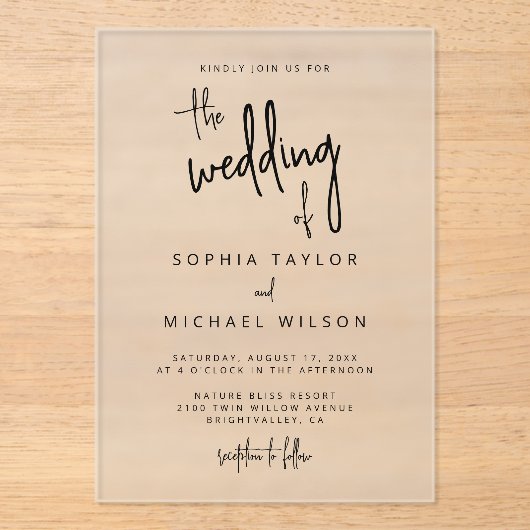 Modern Hand Lettering Script Zwart Wit Bruiloft Acryl Uitnodigingen (Voorkant)